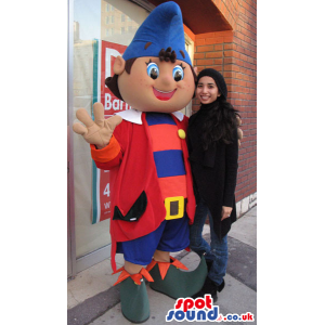 Big Dwarf Mascot In Blue And Red Garments With Pointy Hat -