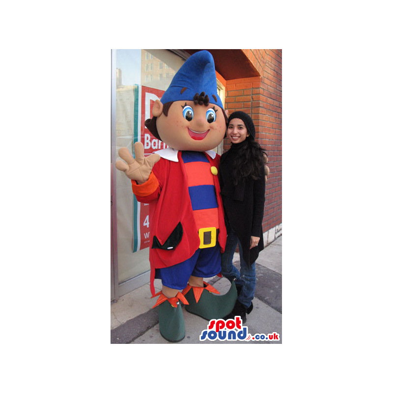 Big Dwarf Mascot In Blue And Red Garments With Pointy Hat -