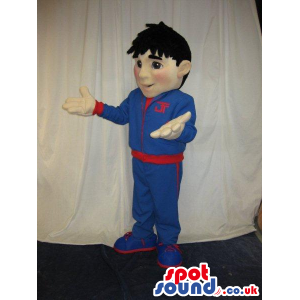 Boy Or Man Plush Mascot Wearing Blue And Red Tracksuit - Custom