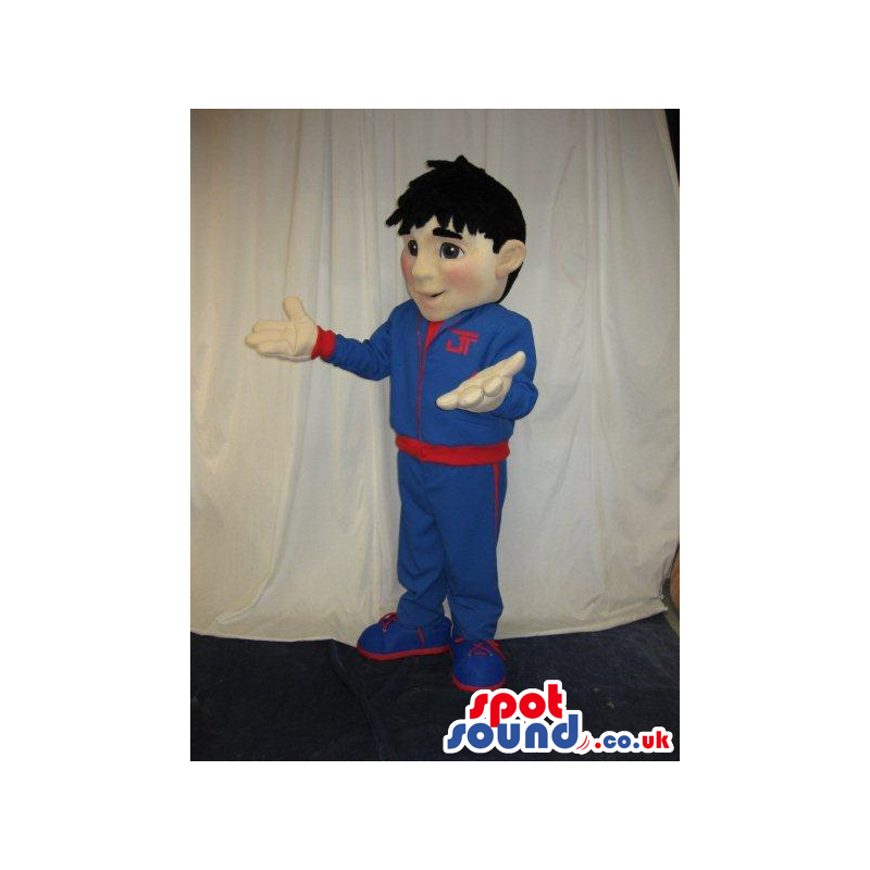 Boy Or Man Plush Mascot Wearing Blue And Red Tracksuit - Custom