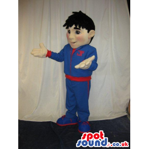 Boy Or Man Plush Mascot Wearing Blue And Red Tracksuit - Custom