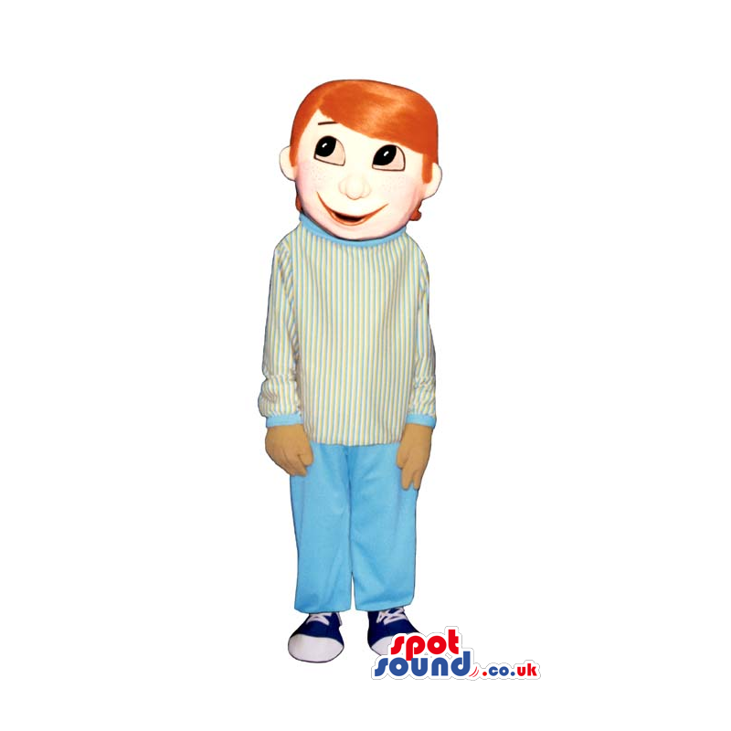 Boy Plush Mascot With Orange Straight Hair In A White Sweater -