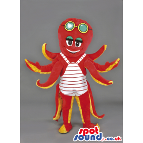 Red octobus mascot in white and red stripe swimming suit -