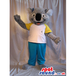 Cute Grey Koala Animal Plush Mascot In A White T-Shirt - Custom