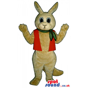 Beige Rabbit Plush Mascot Wearing A Red Vest And Neck Scarf -
