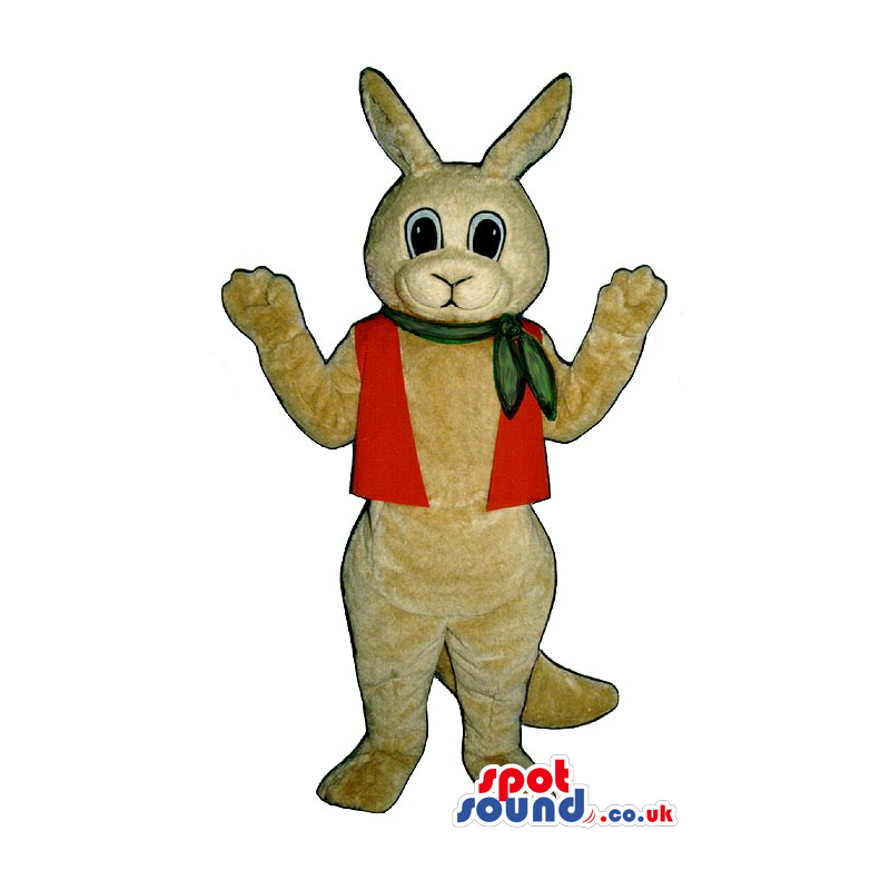 Beige Rabbit Plush Mascot Wearing A Red Vest And Neck Scarf -