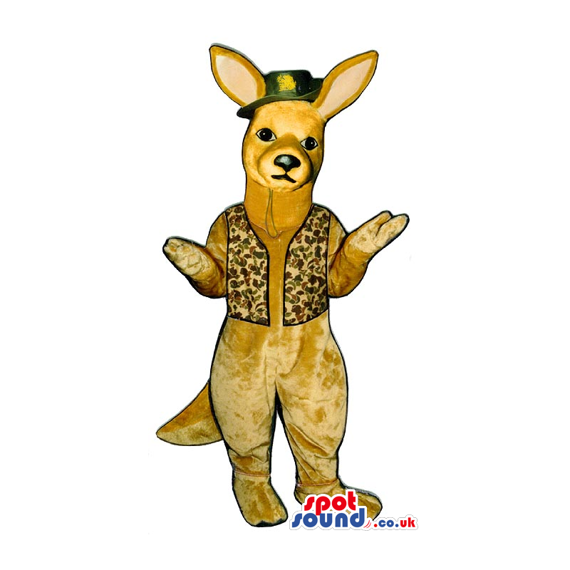 Beige Kangaroo Plush Mascot Wearing A Green Hat And A Vest -