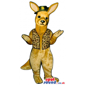 Beige Kangaroo Plush Mascot Wearing A Green Hat And A Vest -