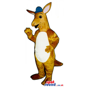 Beige Kangaroo Plush Mascot With A White Belly Wearing A Cap -