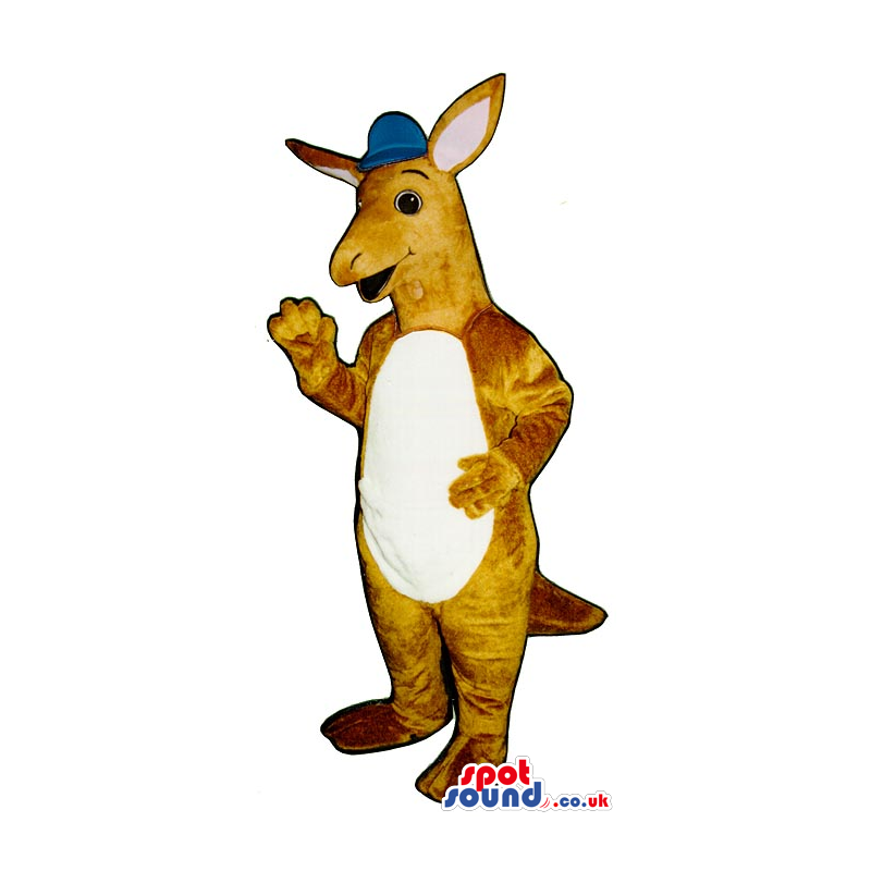 Beige Kangaroo Plush Mascot With A White Belly Wearing A Cap -