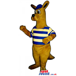 Brown Kangaroo Plush Mascot Wearing A Striped Shirt And A Cap -