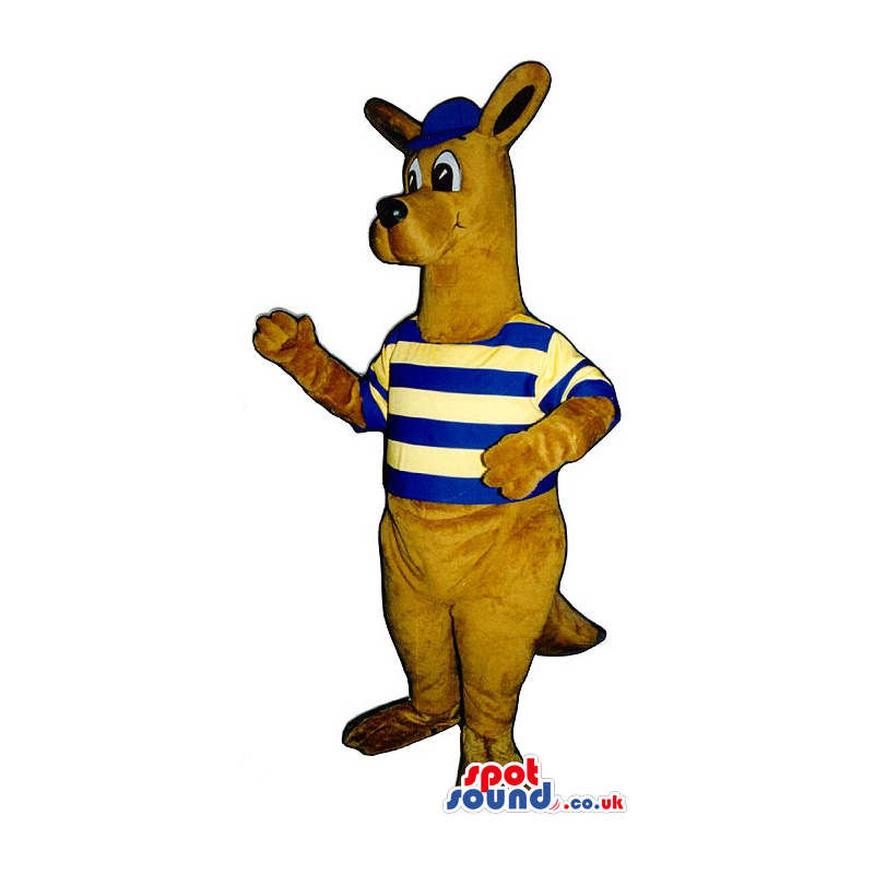Brown Kangaroo Plush Mascot Wearing A Striped Shirt And A Cap -