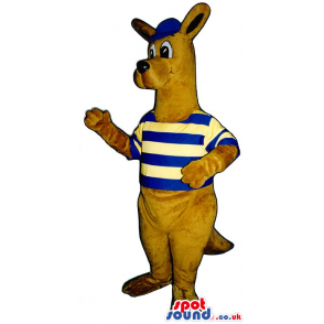 Brown Kangaroo Plush Mascot Wearing A Striped Shirt And A Cap -