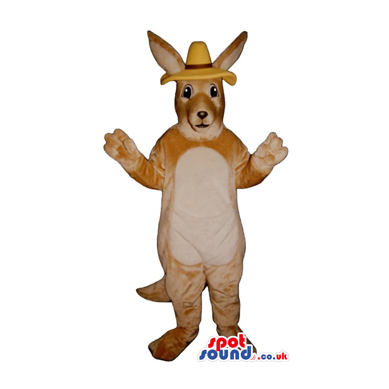 Beige Kangaroo Plush Mascot With A White Belly Wearing A Hat -