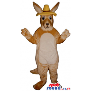 Beige Kangaroo Plush Mascot With A White Belly Wearing A Hat -
