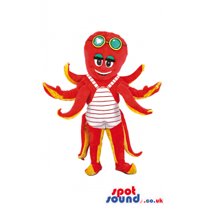 Red octobus mascot in white and red stripe swimming suit -