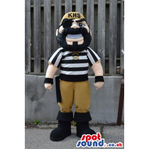 Pirate Mascot In Black And White Striped Shirt And Eye-Patch -