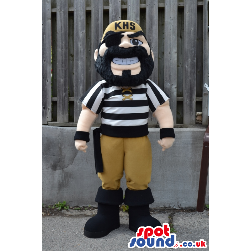 Pirate Mascot In Black And White Striped Shirt And Eye-Patch -