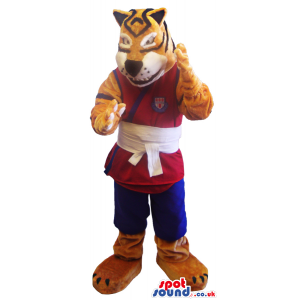 Tiger Plush Mascot Wearing Red And Blue Martial Arts Gear -