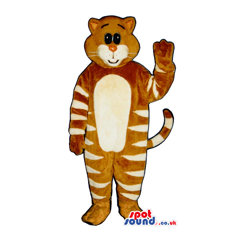 Brown And White Striped Cat Plush Mascot With A White Belly -