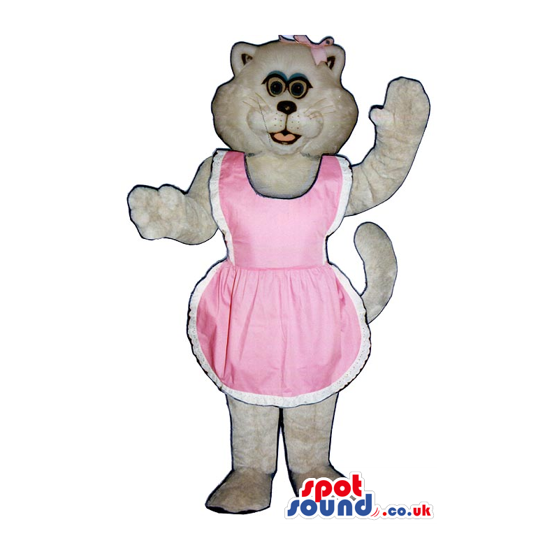 All White Girl Cat Plush Mascot Wearing A Pink Apron - Custom