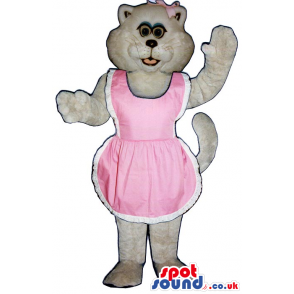 All White Girl Cat Plush Mascot Wearing A Pink Apron - Custom