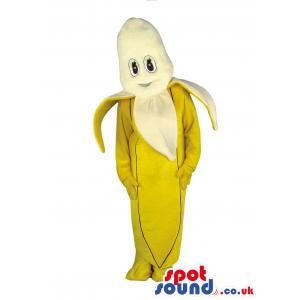 Banana mascot with it's yellow peel costume on with a stiff pose