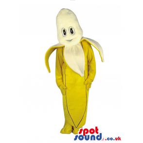 Banana mascot with it's yellow peel costume on with a stiff