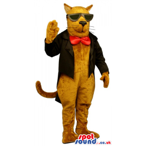 Brown Cat Plush Mascot Wearing Elegant Clothes And Sunglasses -