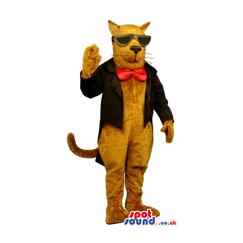 Brown Cat Plush Mascot Wearing Elegant Clothes And Sunglasses -