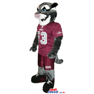 Grey And White Cat Plush Mascot Wearing Maroon Sports Clothes -