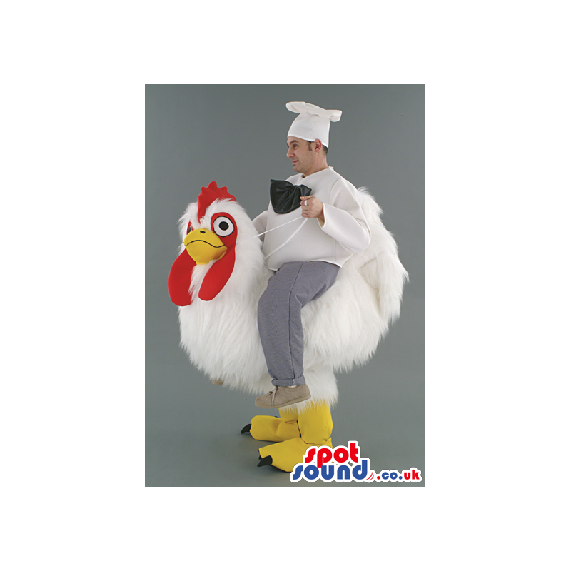 Big rooster chicken mascot with red cumb, wattle and yellow