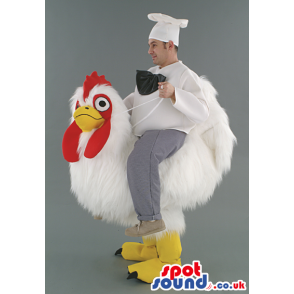 Big rooster chicken mascot with red cumb, wattle and yellow