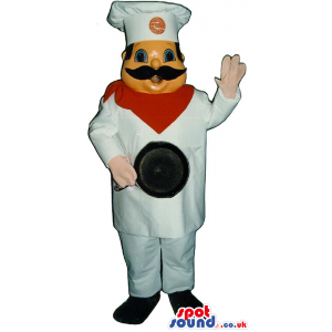 Big Chef Human Mascot With A Logo And A Frying Pan - Custom