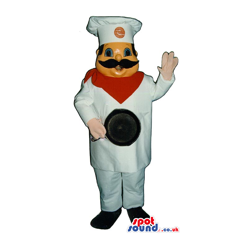 Big Chef Human Mascot With A Logo And A Frying Pan - Custom