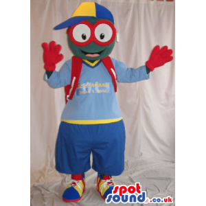 Fantasy Green Plush Mascot Wearing Red Glasses And Boy Clothes
