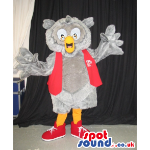 Cute Grey Owl Plush Mascot Wearing A Red Vest With A Logo -