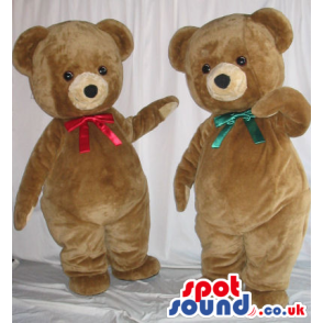 Two Cute Teddy Bear Plush Mascots With Colored Ribbons - Custom