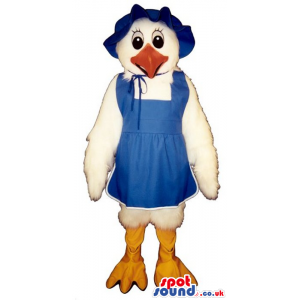 Cute White Lady Chicken Plush Mascot Wearing Blue Country