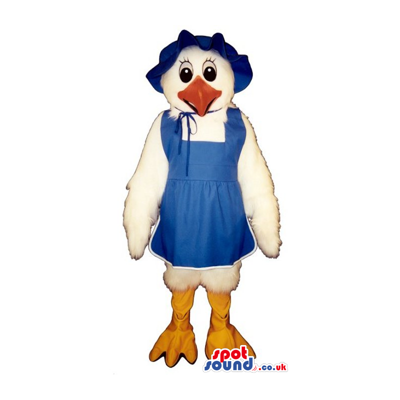 Cute White Lady Chicken Plush Mascot Wearing Blue Country