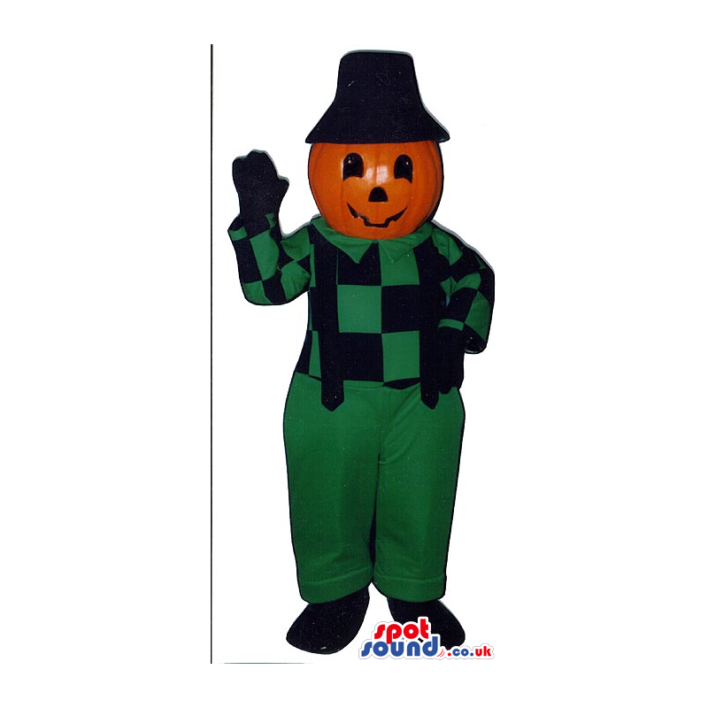 Pumpkin Mascot In Green And Black Farm Clothes And Hat - Custom