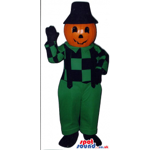 Pumpkin Mascot In Green And Black Farm Clothes And Hat - Custom