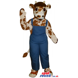 Brown And White Funny Cow Mascot Wearing Blue Overalls - Custom