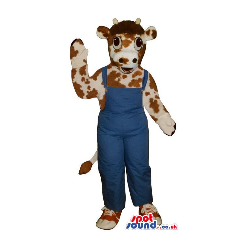 Brown And White Funny Cow Mascot Wearing Blue Overalls - Custom