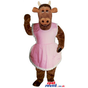 Customizable Brown Lady Cow Mascot Wearing A Pink Apron -