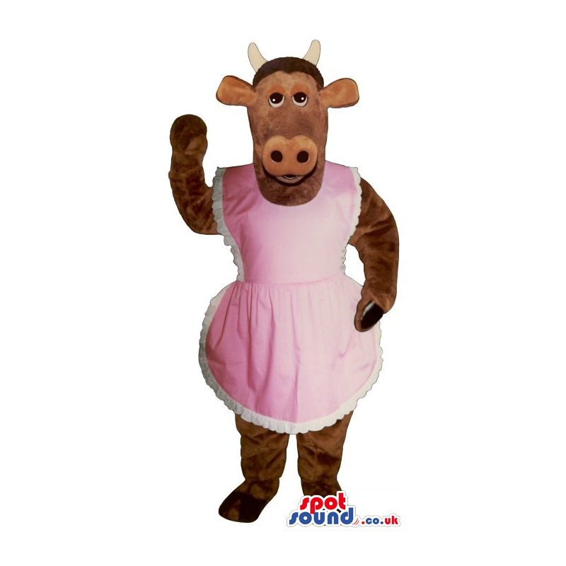 Customizable Brown Lady Cow Mascot Wearing A Pink Apron -