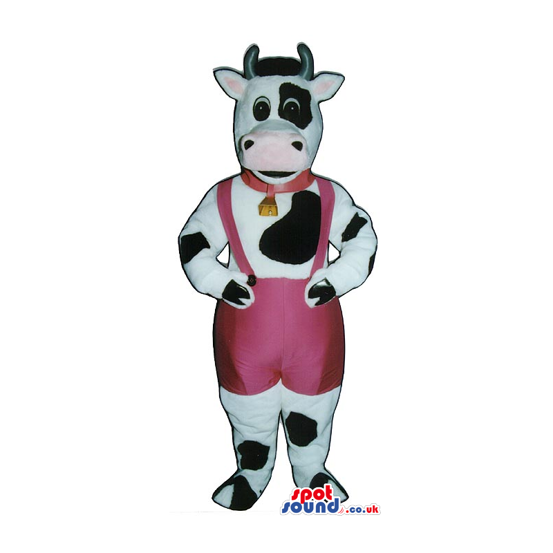 White And Black Cow Mascot Wearing Pink Overalls And A Bell -