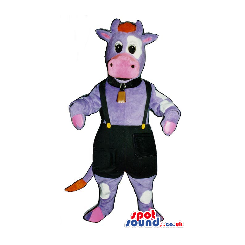 Purple And Pink Cow Mascot Wearing A Bell And Overalls. -