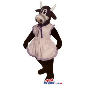 All Black Lady Cow Mascot In A Pink Apron An Ribbon - Custom