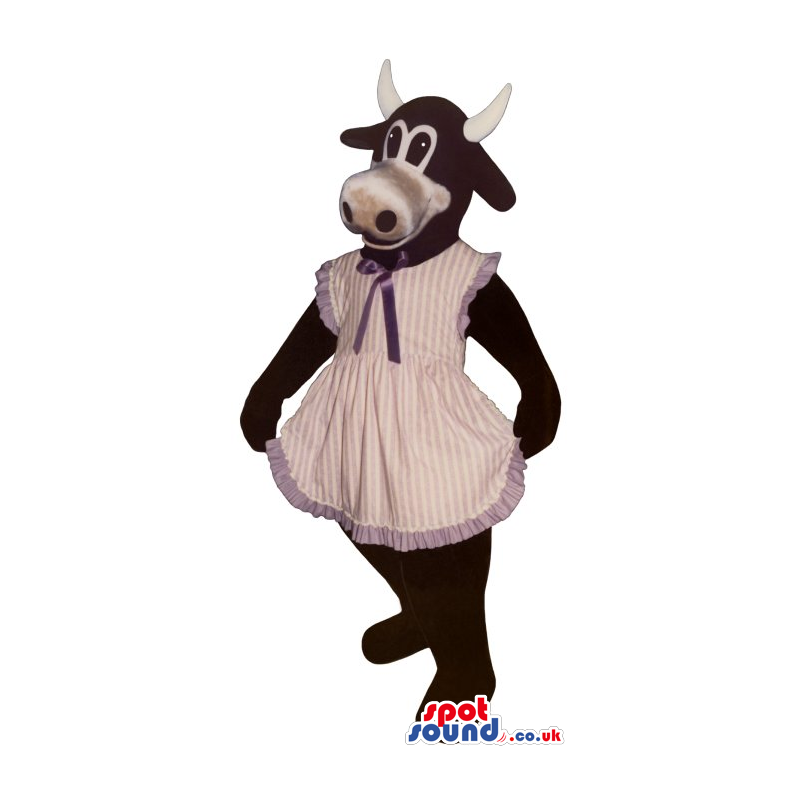 All Black Lady Cow Mascot In A Pink Apron An Ribbon - Custom